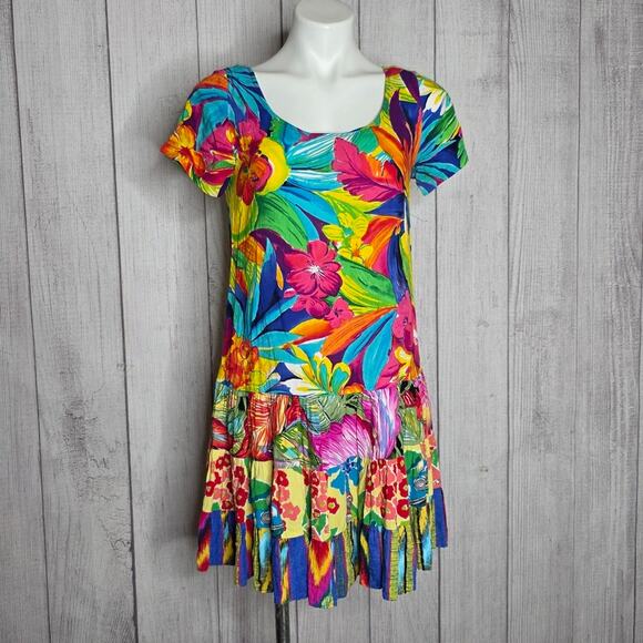 VTG 90s Jam's World Bold Tropical Flower Print Drop Waist Hattie Dress, sz M - Picture 2 of 6